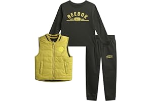 Reebok Baby Boys Pants Set - 3 Piece Zip Puffer Vest Jersey Long Sleeve Shirt & Fleece Boys Joggers for Infant Toddler & Kids