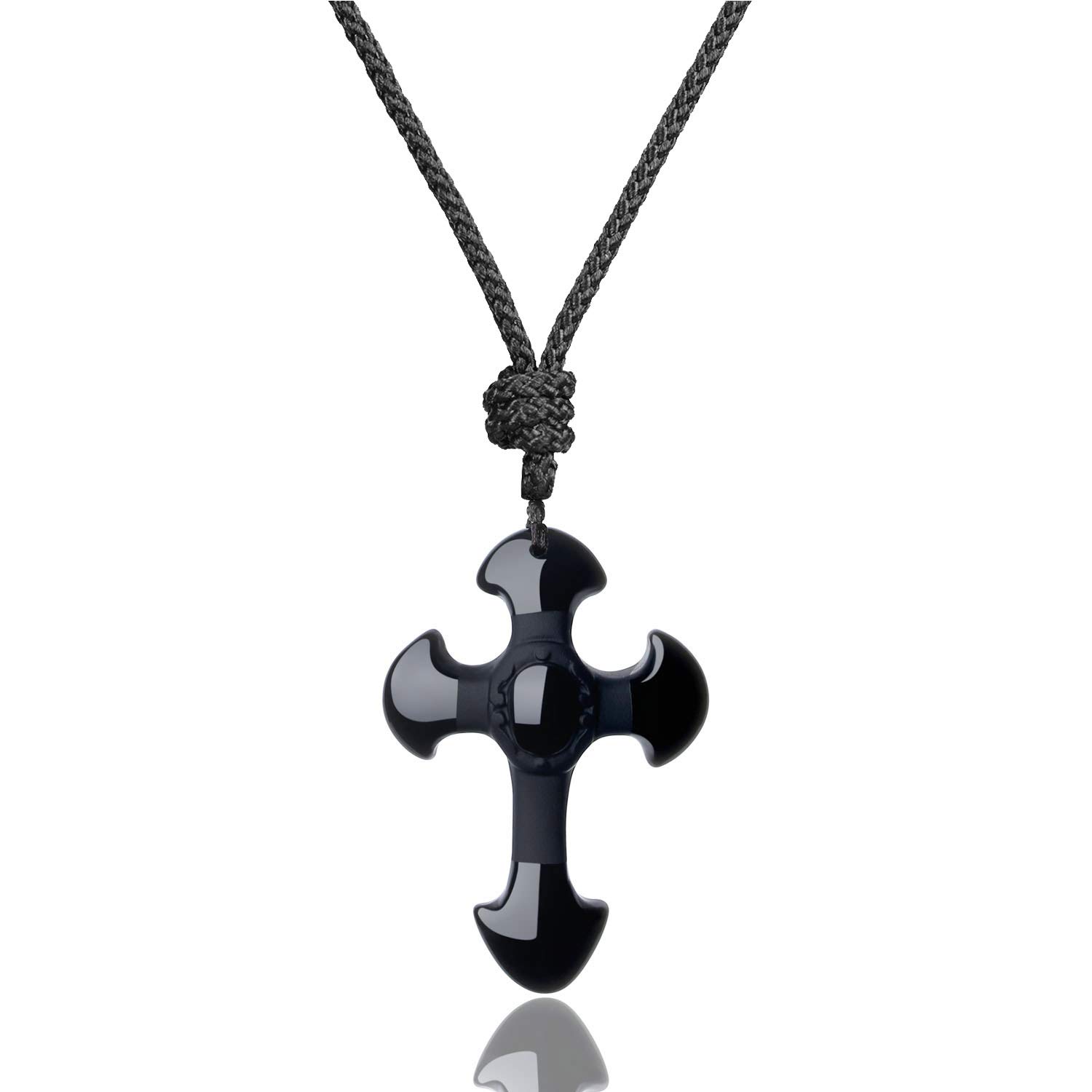 COAI Womens Mens Nylon Cord Religious Cross Black Obsidian Stone Pendant Necklace