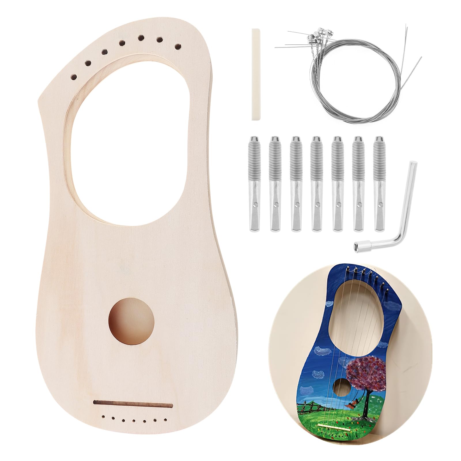 OriGlam KBI_31V Lyre Harp 7 String DIY Kit, Make Your Own Bass Wood, Lyres Wood String Lyre Harp with String Post String Saddle Tuning