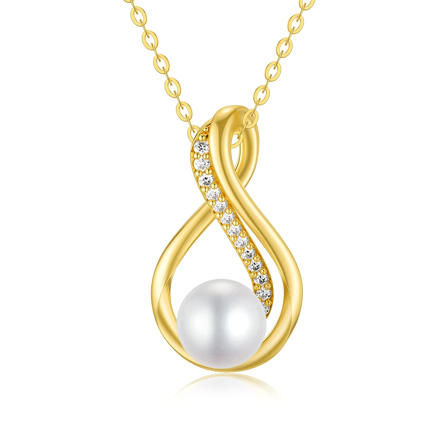 SISGEM 9 ct Gold Pearl Necklace, Solid Yellow Gold Infinity Pendant Necklace with 7mm Freshwater Cultural Pearl, for Women Girls Ladies Mum Sisters, 16"+1"+1"