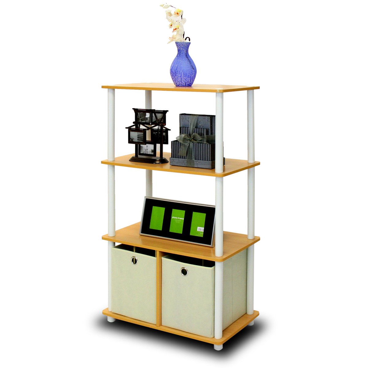 Furinno GO GREEN Storage Shelf, 4-Tier Storage Rack with Bins, Book Shelf, Display Rack, with Storage Bins, for Organization and Storage, Living Room, Home Office, Beech