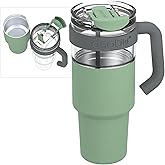 asobu Extra Large Travel Explorer Tumbler for Hot and Cold with Stainless Steel Removable Coffee Mug Sleeve - Straw and Flip Open Sip Spout, 34 oz / 25 oz (Basil Green)