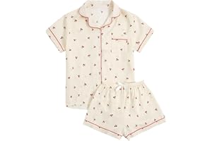 Verdusa Women's 2 Piece Pajama Sets Lightweight Fall Pajamas Cute Pj Set Button Shirt with Shorts Lounge Pjs