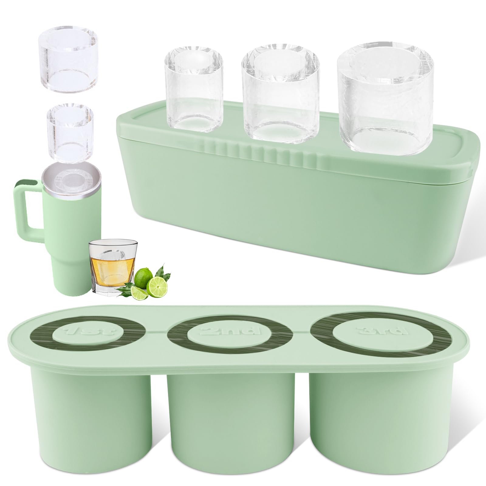 WUJUN Ice Cube Tray for Stanley Cup 30-40Oz Tumbler, Silicone Ice Cube Moulds with Lid and Bin for Chilling Cocktails, Whiskey, Drinks, Coffee, Easy Fill and Release Ice Make (Green, 40 oz)