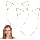 Huachi Cat Ear Headbands for Women Girls Thin Metal Cat Ears Headband Halloween Cute Gold & Silver Rhinestone Head Bands for Women’s Hair Elastic Hairbands Fashion Hair Accessories, 2 Packs (Cat)