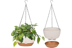 2 Pack Hanging Planters for Indoor Plants, Self-Watering Hanging Planter Holder with Pot, Drainage Holes, Removable Saucer fo