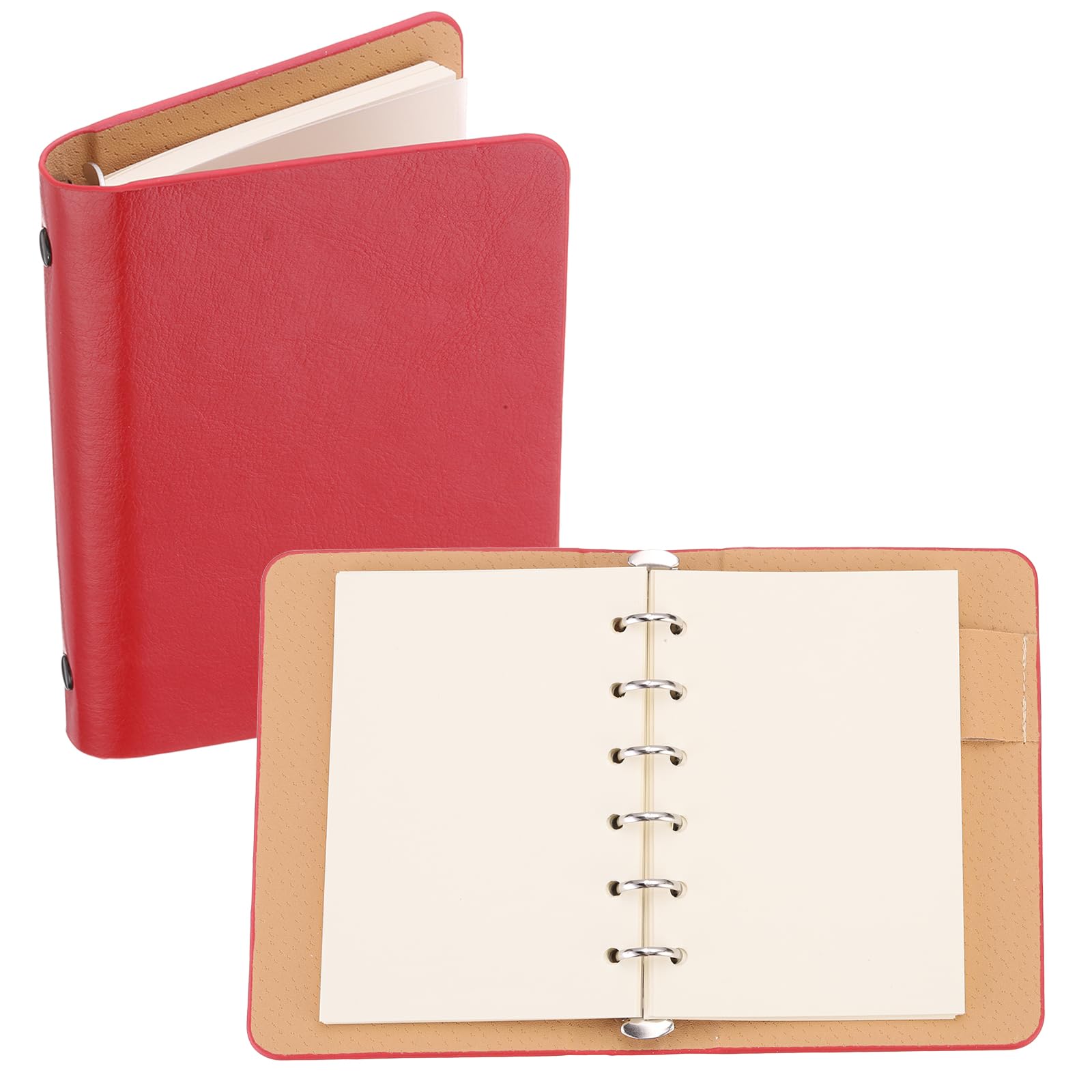 PATIKIL 6 Ring Binder Cover, A7 Leather Notebook Binder Mini Refillable Loose Leaf Personal Planner with 50 Sheets Paper, Red