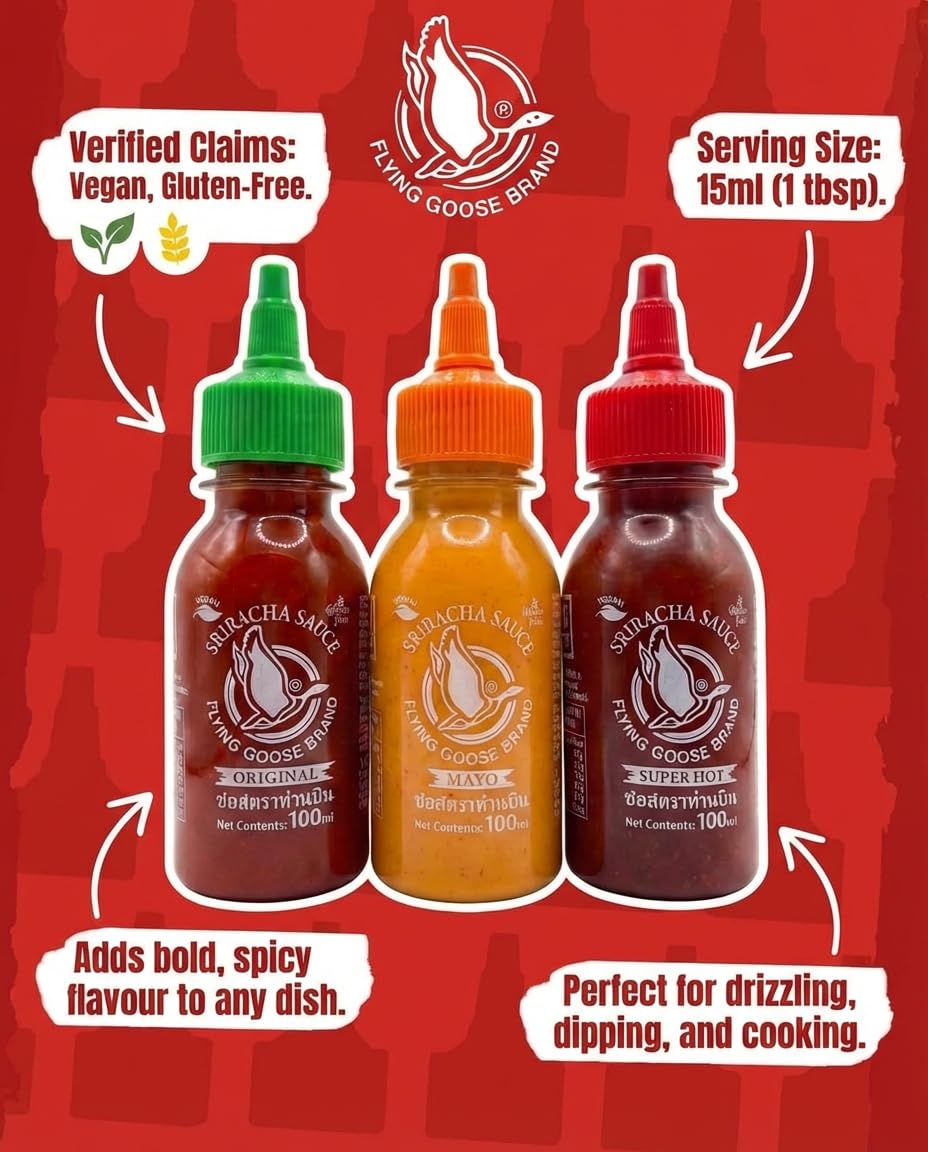 FLYING GOOSE Sriracha scharfe Chilisaucen Mischkarton in 3 Geschmacksrichtungen, ideal zum Verschenken, Würzsaucen aus Thailand zum Würzen, Dippen und Verfeinern, 3 x 100 ml Multipackung 8