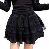 RILGOU Women Harajuku Lolita Style Kawaii Goth Fashion Casual Elastic Waist Cute Lace Trim Velvet Tiered Short Skirt