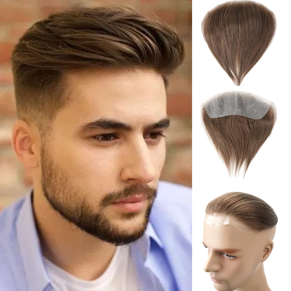Lordhair V-Shape Frontal Hairpiece for Men, Natural Human Hair System with PU Thin Skin for Receding Hairline Coverage