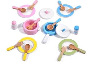 WHOHOLL Wooden Toy Kitchen & Play Dishes Set, Montessori Kitchen Toys for Girls and Boys, Pretend Play Kitchen Accessories Toddler Cooking Toys for Kids Ages 1-5 - Christmas Birthday Gift Sets