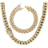 putouzip Miami Cuban Link Chains Set For Men 12/14/20mm 18K Gold Plated Diamond Fully Iced Out Chain Bracelet Necklace(12mm Gold Set,30inch)