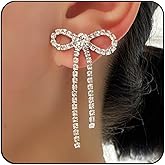 Bow Chandelier Earrings for Women Wedding Dangle Dangling Bling Sparkly Earring Crystal Rhinestone Statement Drop Tassels Earrings for Prom Fashion Jewelry