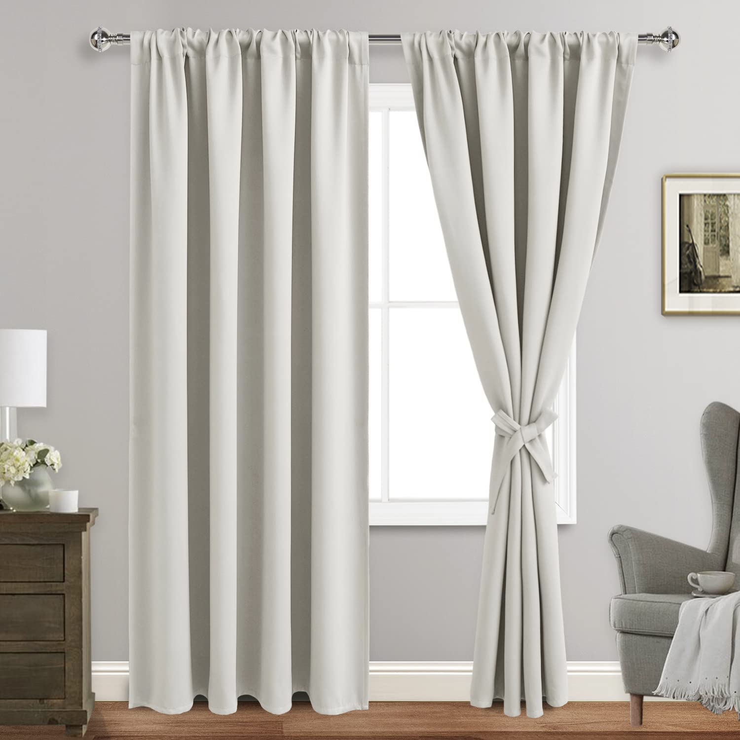 JIUZHEN Blackout Curtains for Bedroom - Thermal Insulated Room Darkening Noise Reducing, 52 x 84 Inch Length Curtains for Living Room, Set of 2 Panels with Tiebacks,Ivory Image