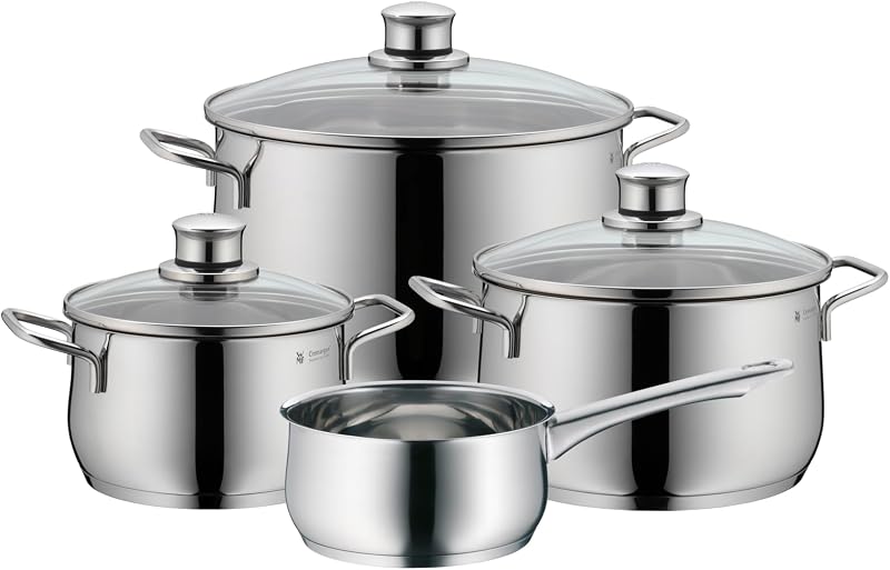 Diadem Plus - Batería de Cocina 7 Piezas, Acero Inoxidable Apto para Inducción, 1 Cacerola Baja de 20 cm, 2 Cacerolas Altas de 16 cm y 24 cm, 1 Cazo 16 cm con 3 Tapas de Cristal