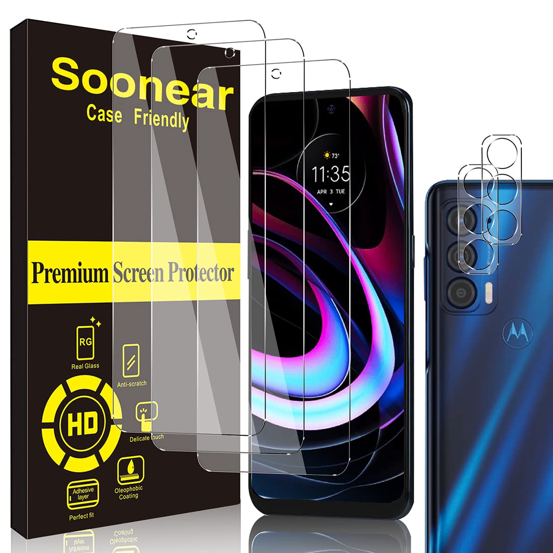 Photo 1 of [3+2 Pack] Soonear Compatible for Motorola Edge (2021) Screen Protector 6.8 inch + Motorola Edge (2021) Camera Protector Tempered Glass Case Friendly[Not Motorola Edge 20], Clear