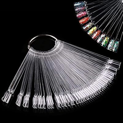 Shakeel Clear Nail Swatch Sticks Fan Shape 50pk Practice Display Tips Metal Ring