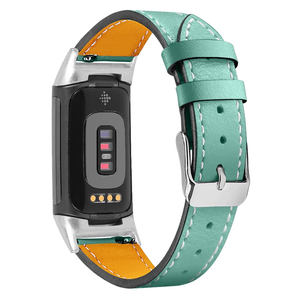 Gimuk Compatible with Fitbit Charge 5 Strap for Women Men, Genuine Leather Adjustable Sports Strap Replacement Wristband for Charge 5 Tracker Small Large (Green) — image 1