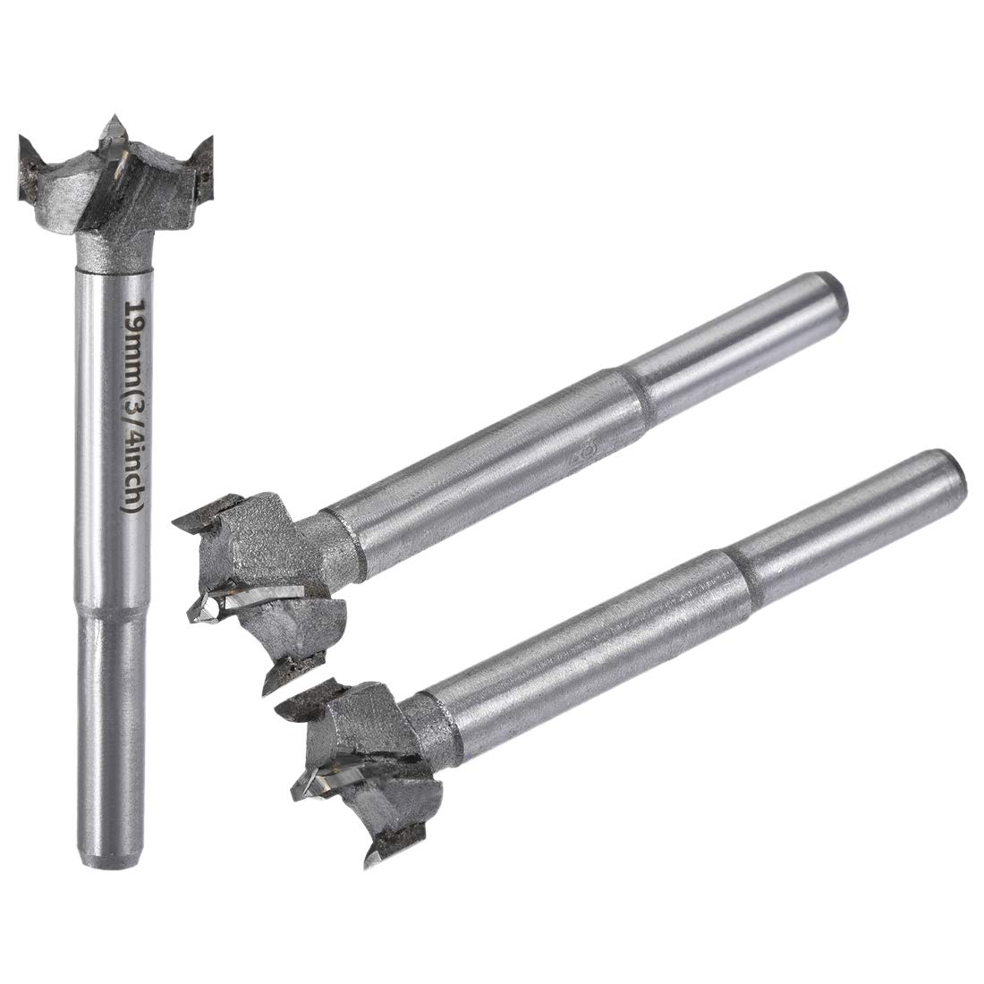 sourcing map Forstner Wood Boring Drill Bits 17mm 18mm 19mm Dia. Hole Saw Carbide Alloy Steel Tip Round Shank Cutting for Hinge Plywood Wood Tool 3in1 Set