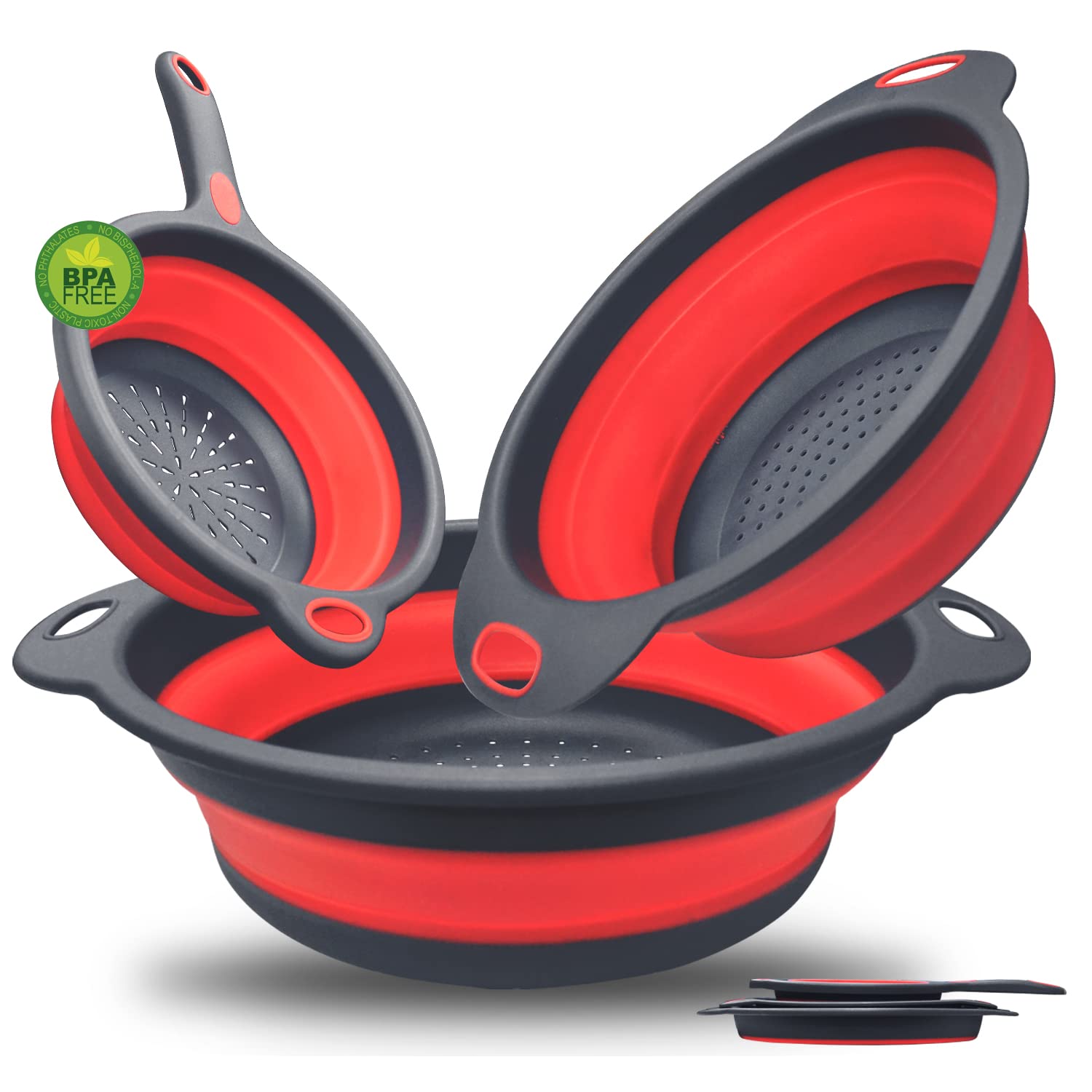 Walfos Collapsible Colander Set - Silicone Pasta Colander with Handle, Set of 3, Space-Saving Kitchen Strainers, 1.5 Qt, 2 Qt and 4 Qt, BPA Free ＆ Dishwasher Safe, for Pasta, Vegetables, Fruits