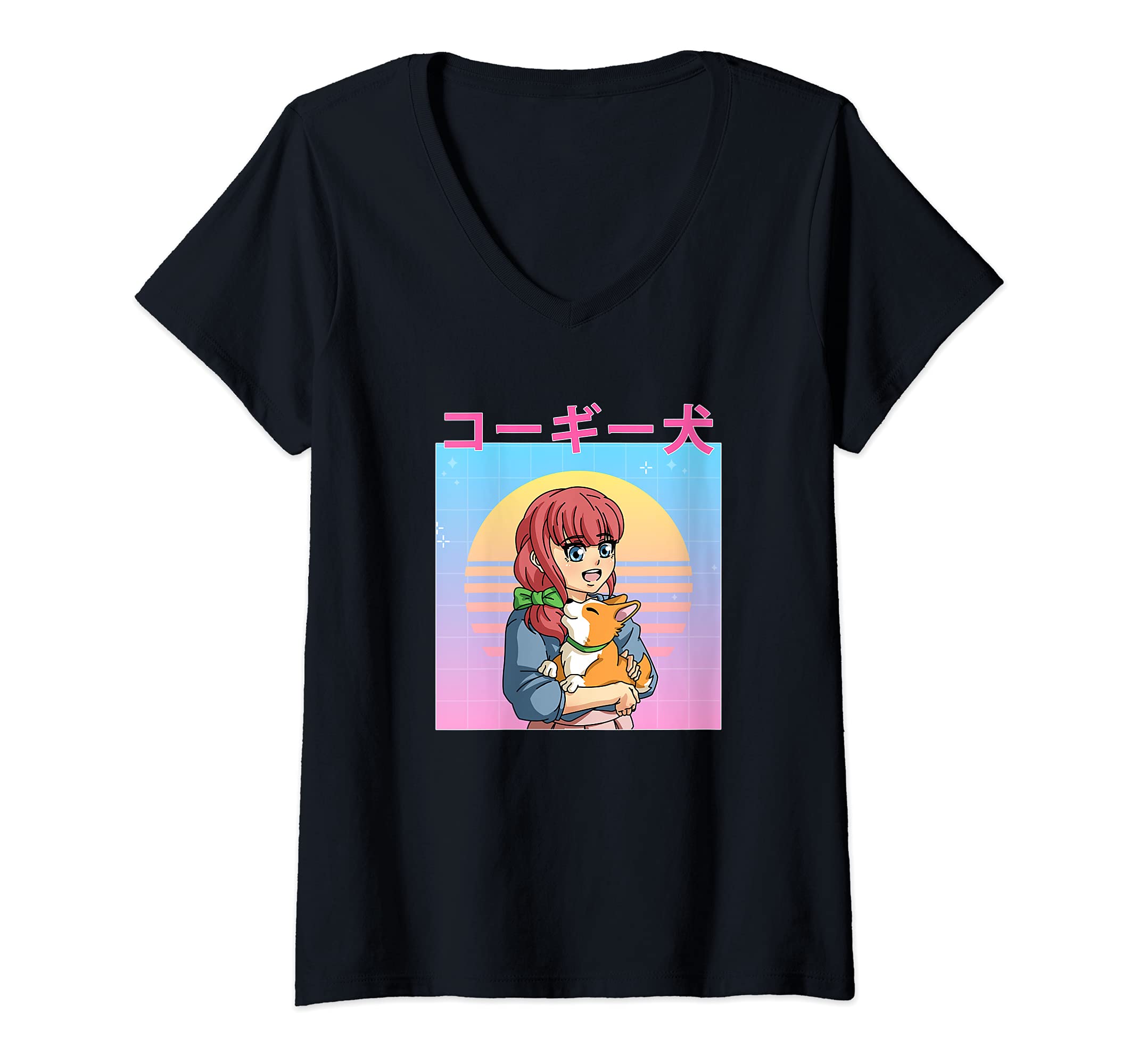 Womens Funny Retro 90s Japanese Kawaii Anime Girl and Corgi Dog V-Neck T-Shirt