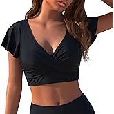 Mycoco Women's Ruffled Short Sleeve Underwire Bikini Top Full Coverage Bikini Top Twist Front Padded Swim Top