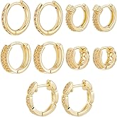 Beebeecraft 1 Box 5 Pairs Gold Hoop Earrings Set 18K Gold Plated Brass Cubic Zirconia Small Huggie Hoop Earrings Cartilage Piercing Ear Cuff Tiny for Women Men (11/13/13.5/14.5/16mm)