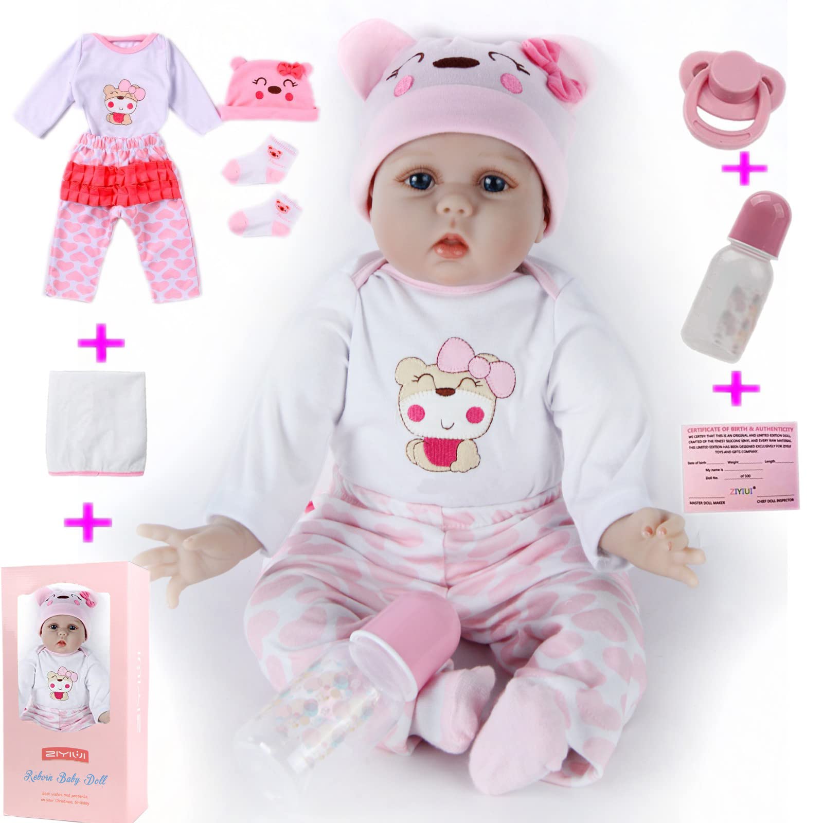 ZIYIUI Reborn Baby Dolls 22 inch 55cm Realistic Soft Vinyl Silicone with Cotton Body Looks Like a Real Newborn Baby Perfect for Cuddling, Playtime, and Giving (Open eyes)
