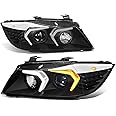 Auto Dynasty LED DRL Headlights Assembly Compatible with 2009-2012 BMW 3-Series 4-Dr Sedan, Driver and Passenger Side, 3D Switchback LED Daytime Running Light Bar, Black Housing