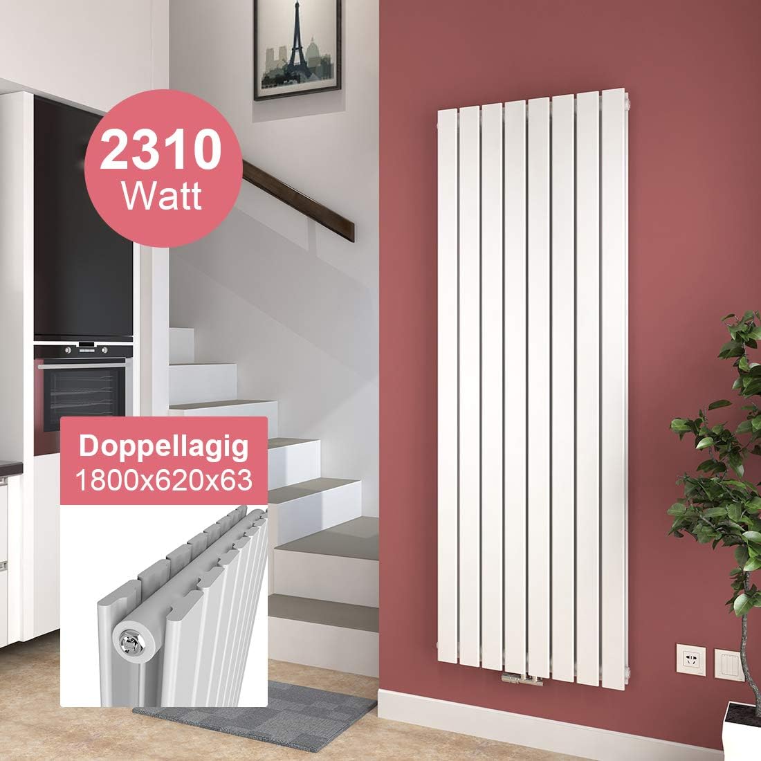 Heilmetz Weißer Design-Heizkörper 1800x620mm - Vertikale Paneelheizung Mittelanschluss