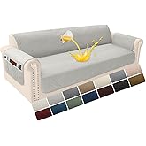 YUEVELLA Velvet 100% Waterproof Couch Cover for Dogs Washable Sofa Covers for 3 Cushion Couch Pet Friendly Sofa Slipcovers Set Non Slip Quilted Furniture Protector with Pockets (Large, Light Grey)