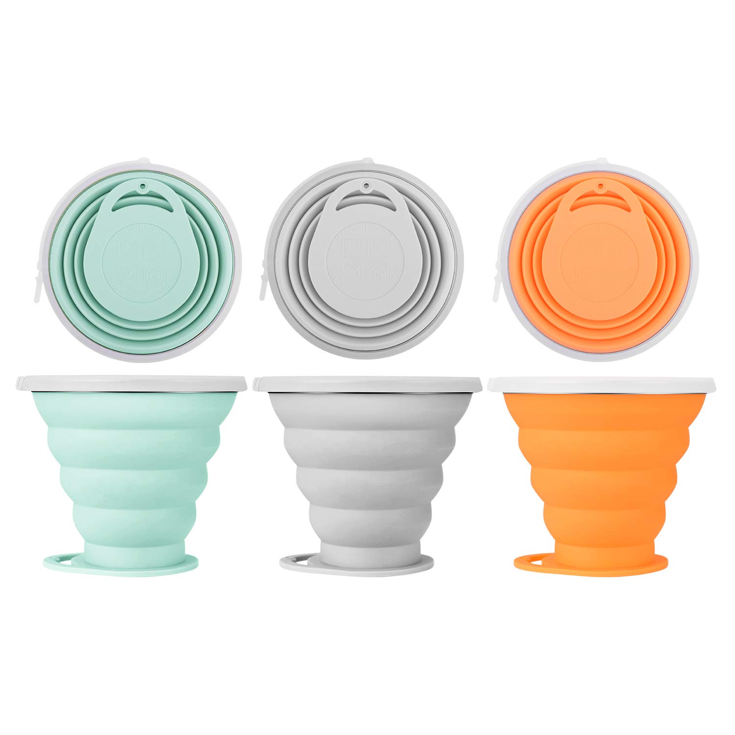 JackWish Collapsible Silicone Travel Cup with Lid,Portable Reusable Foldable Ultrathin Travel Mugs,9.5oz/270ml Retractable Drinking Mug for Hiking Camping Picnic (Grey+Green+Orange)