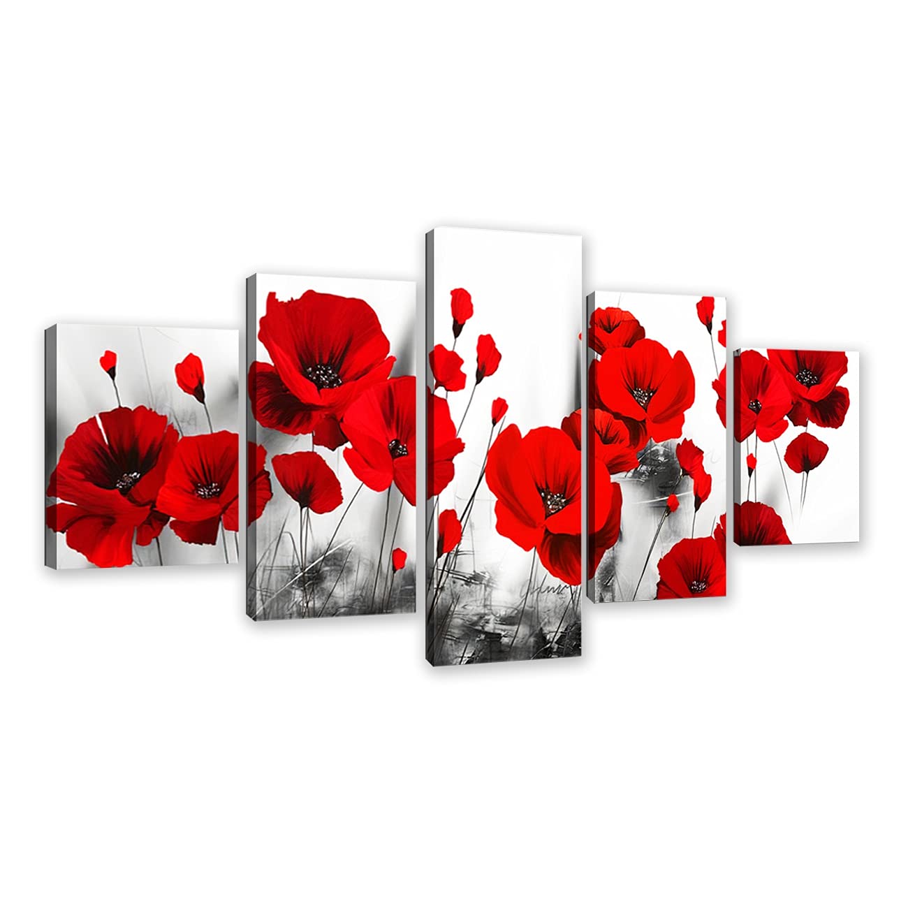 ZHONGYUTONG Modular 5 Panel Canvas Wall Art Red Poppy Flower Picture Rose Posters Grey Background HD Print Photo For Home Decor Painting Frame Artwork Ready to Hang