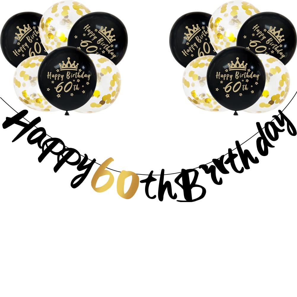 Happy 60th Birthday Banners Men Women 60th Birthday Banner Bunting Black Gold Personalized Including 12 Pack 12” Latex Printed Balloons Women Men 60 Decorations Supplies
