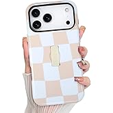 KANGHAR Compatible with iPhone 17 Pro Max Case, Silicone Checkered Cute Pattern, Finger Hold Wristband Kickstand Camera Protection Soft Slim Phone Case for Girls Women -White