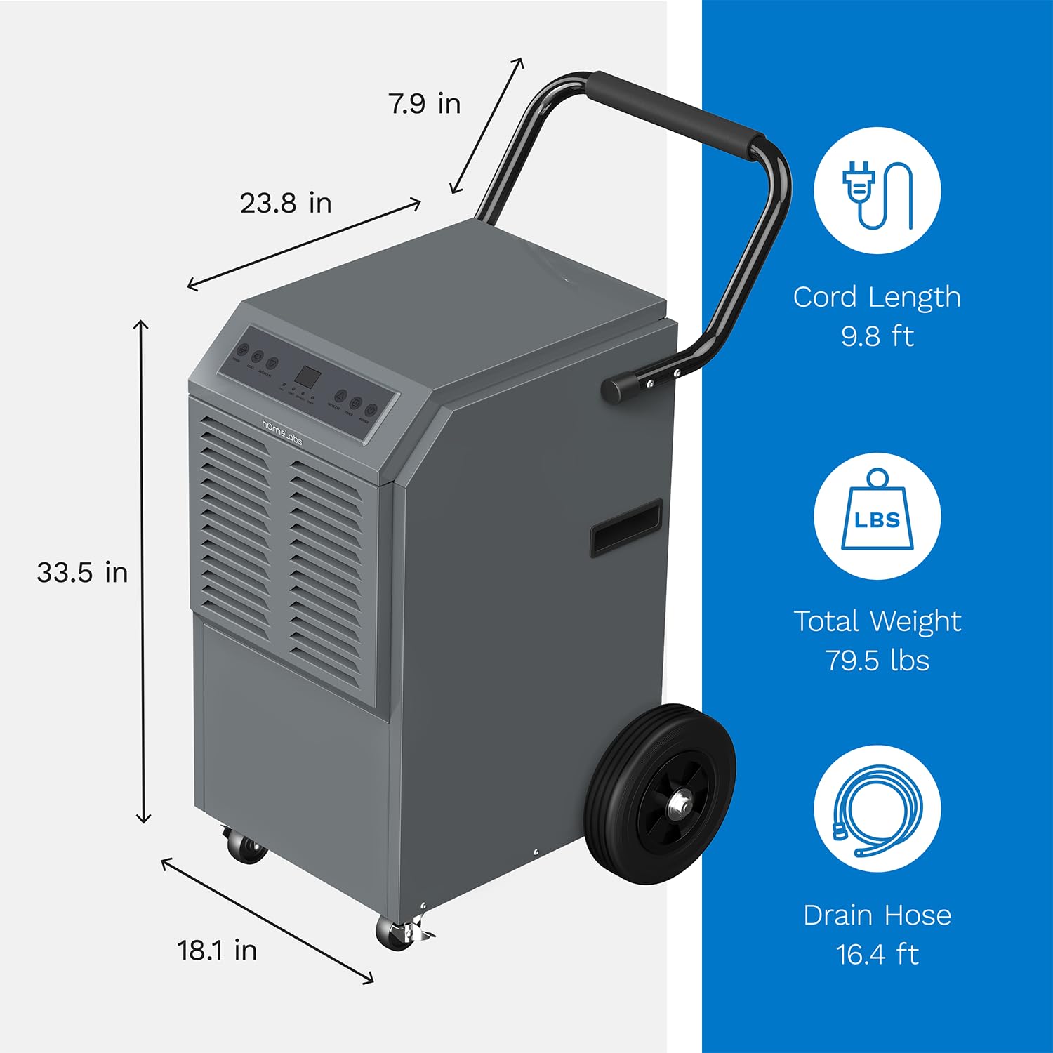 hOmeLabs Commercial Grade 160 Pint Dehumidifier - Built-In Pump, Includes Drain Hose and Washable Filter - Ideal for Large Basements, Industrial or Commercial Spaces and Job Sites