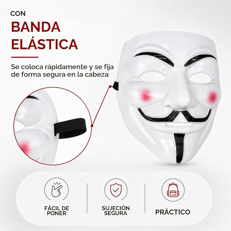 Máscara de Vendetta como Acessório de Fantasia para Homens, Mulheres, Crianças e Adultos para o Carnaval e Anónimos — foto 5 de 8