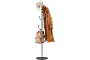 MISSLO Heavy Duty Coat Rack Freestanding 4 Adjustable Size Coat Tree with Stable Wood Base Coat Hanger Stand with 6 Hooks Standing Clothes Tree for Bedroom, Black