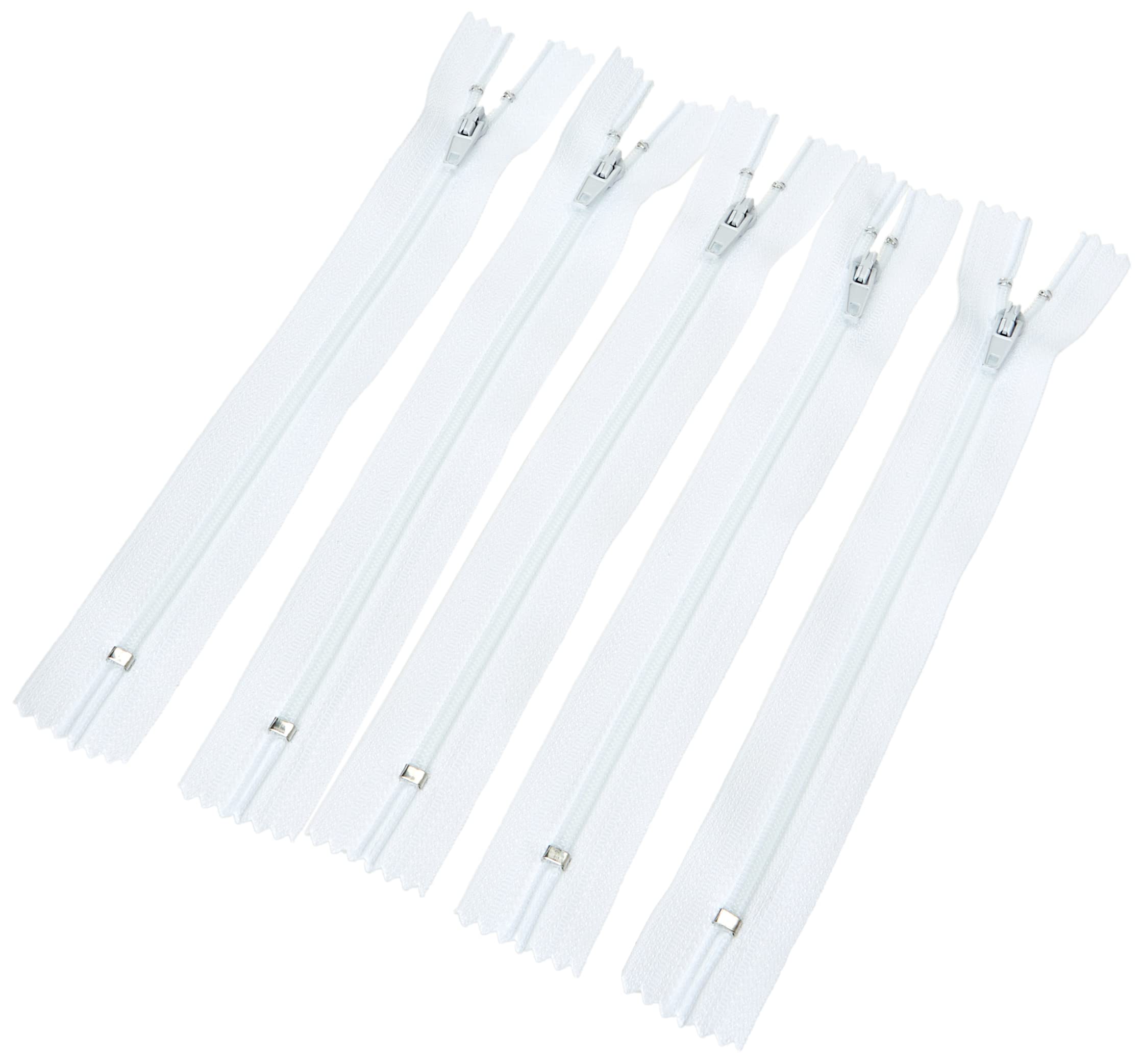 Trimz 18cm (~7inch) White one Way end Stop Zip with 4mm Teeth 5 Pcs, Polyester, 18 cm