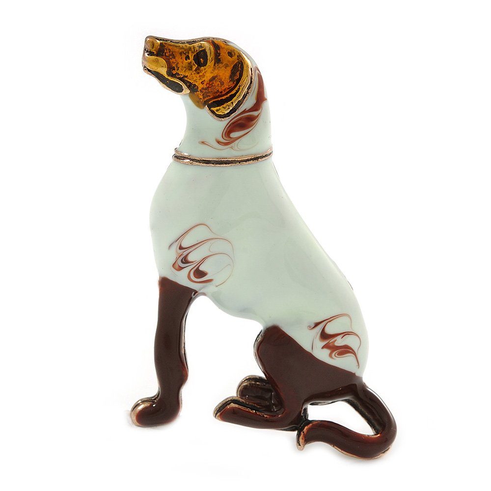 Vintage Inspired Pale Green/Brown Enamel Dog Brooch In Gold Tone Metal - 60mm L