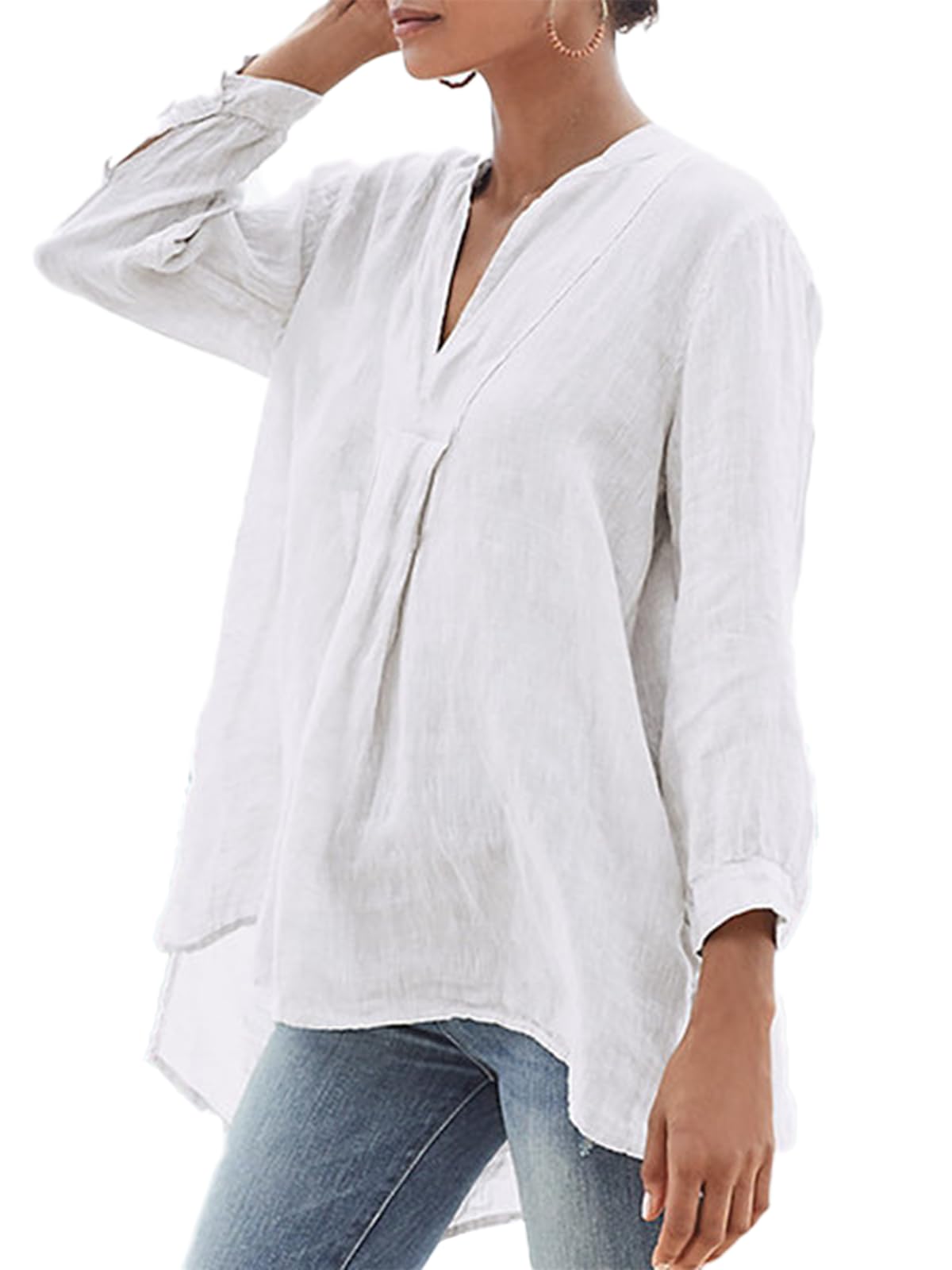 Photo 1 of **MINOR DAMAGE**HAS MAKEUP ON NECKLINE**Summer V-Neck White Linen Shirts for Women 3/4 Sleeve, Womens Flowy Cotton Linen Blouses Tops with Long Hem(White, Medium)