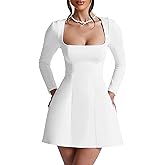 BORIFLORS Women's Square Neck Long Sleeve Mini Dresses Corset Basic A-line Party Short Dress