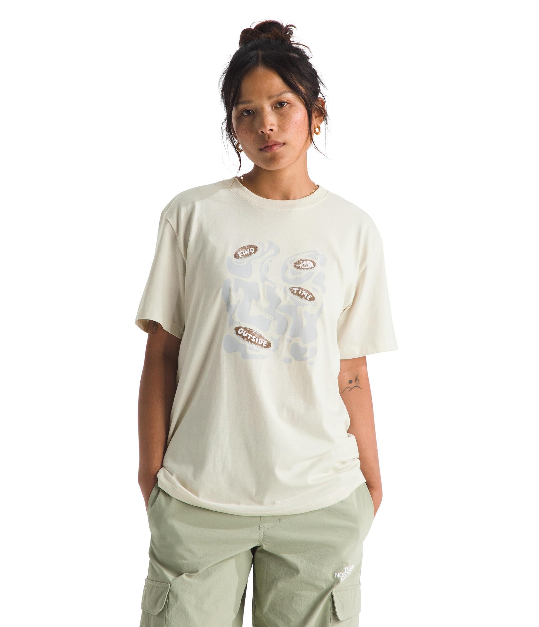 Photo 1 of THE NORTH FACE Women's Evolution Phrase Short Sleeve Tee | Cotton Shirt with a Logo Graphic, White Dune, X-Small