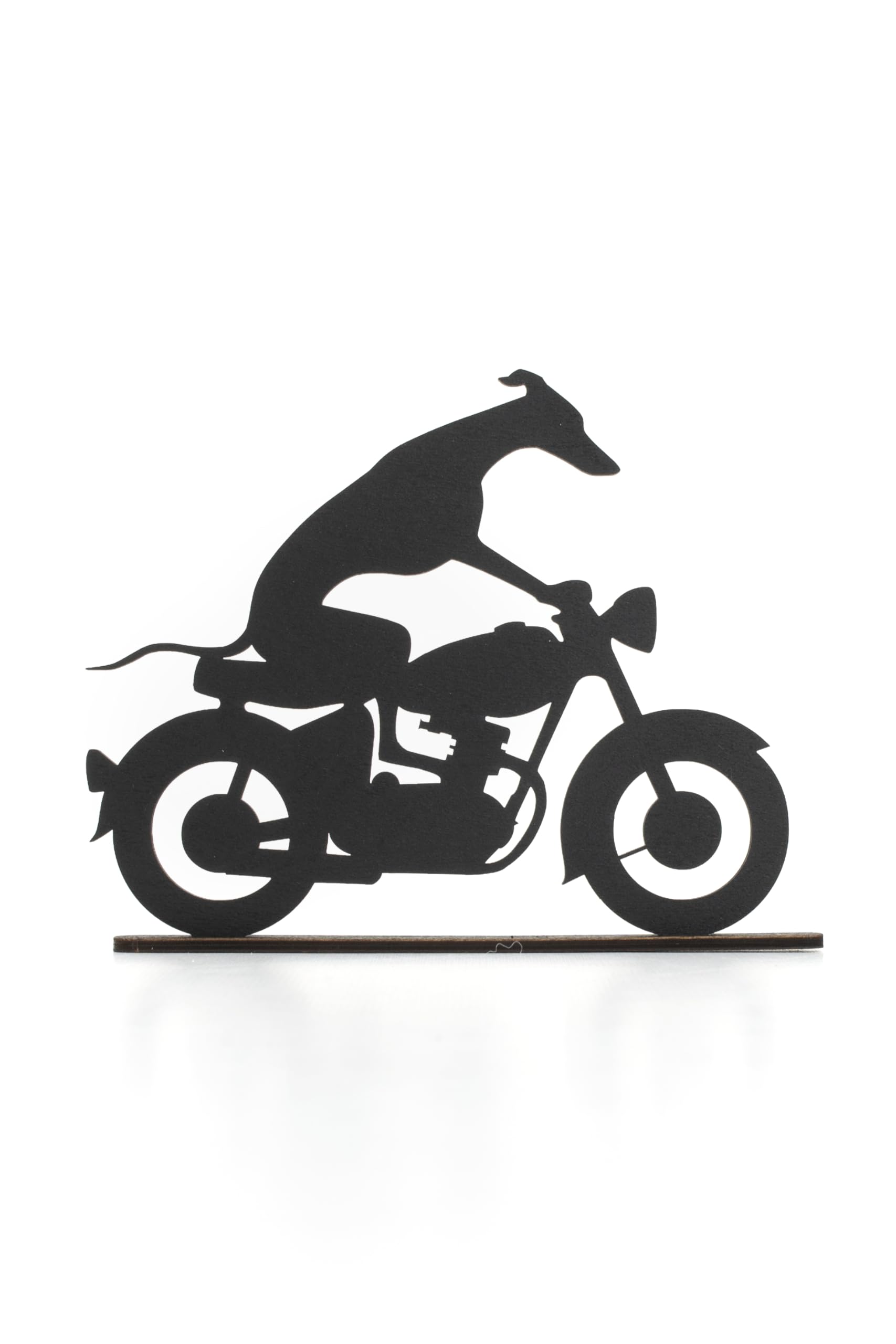 Acrylic Whippet/Greyhound Silhouette Ornaments, various designs including Whippet on a motorbike, Whippet on holiday and racing whippets. Laser-Cut Acrylic. (Motorbike 1 acrylic)