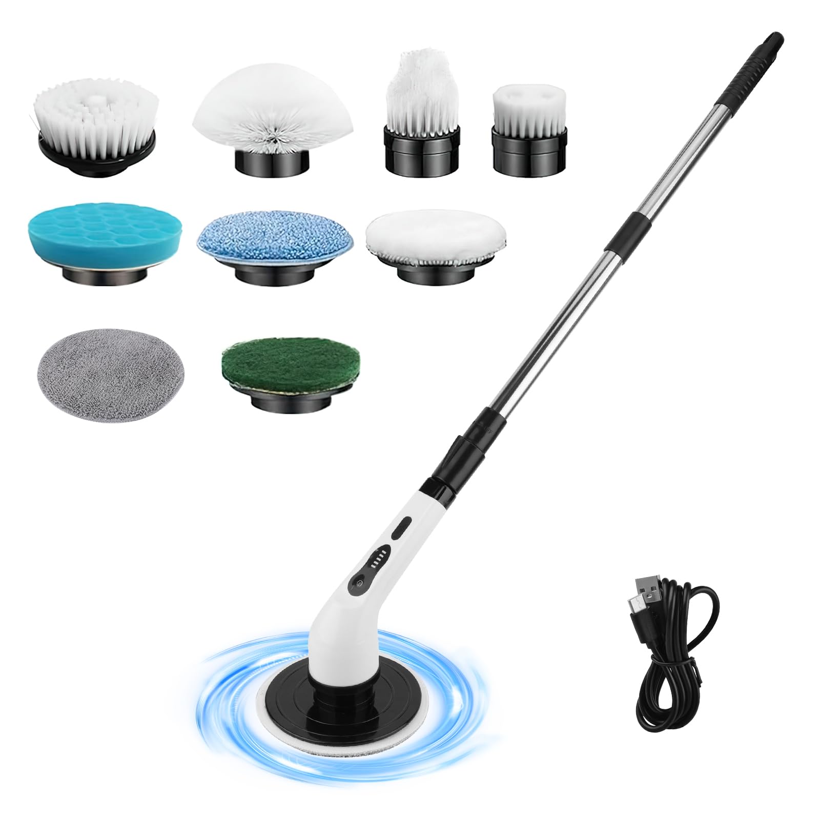 Marstey Spin Scrubber with 9 Replaceable Brush Heads, 2024 Upgrade Cordless Shower Scrubber, Electric Cleaning Brush With Adjustable Extension Handle for Kitchen Car Tile Wall Floor Shower