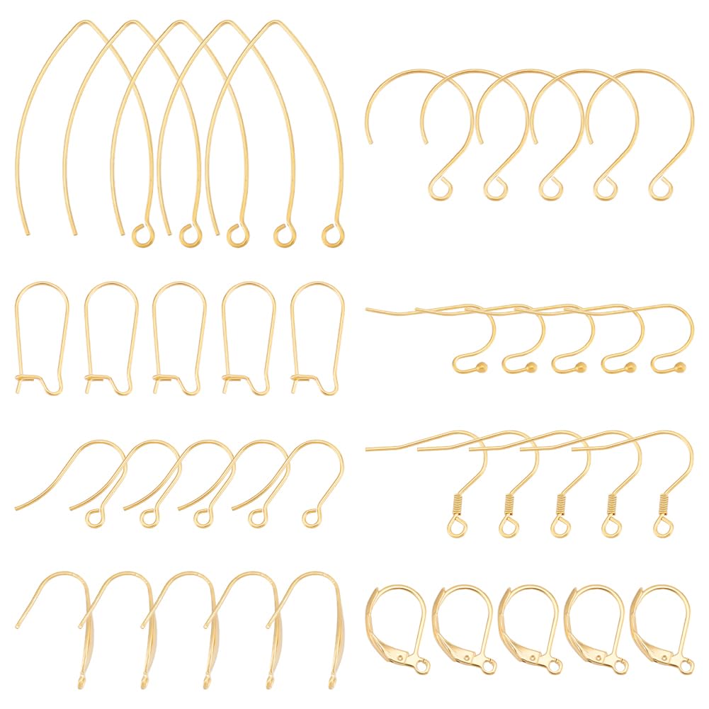UNICRAFTALE 48pcs 8 Styles Earring Hook Kits 304 Stainless Steel Golden Ear Wire Leverback Earrings DIY Jewelry Making
