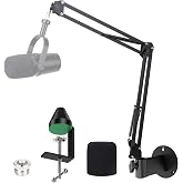 YOUSHARES MV7 Wall Mount Boom Arm Stand with Mic Windscreen and Table Mount Clamp, Mic Stand Arm with Pop Filter Compatible with Shure MV7 and Shure MV7X Microphone