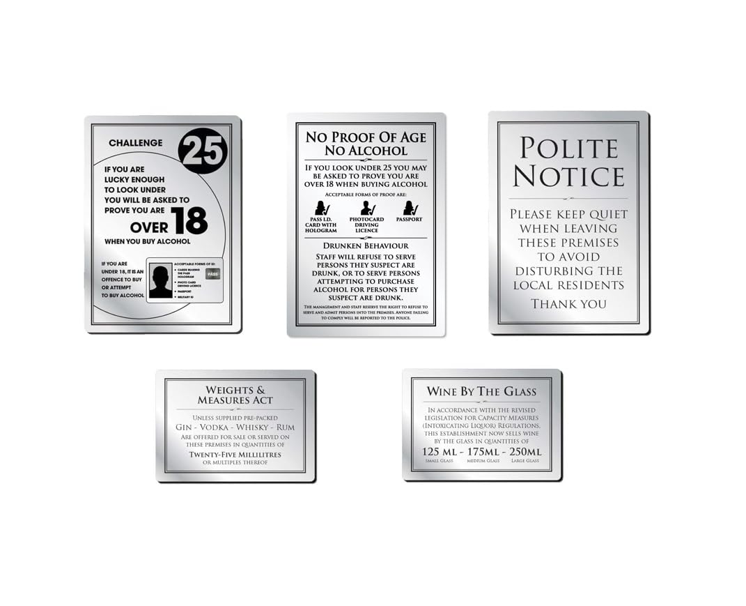Essential Bar Licensing Pack: 5pcs 25ml Pub Restaurant Catering Aluminium Challenge 25, Quietly Leave, No Proof of Age Signs