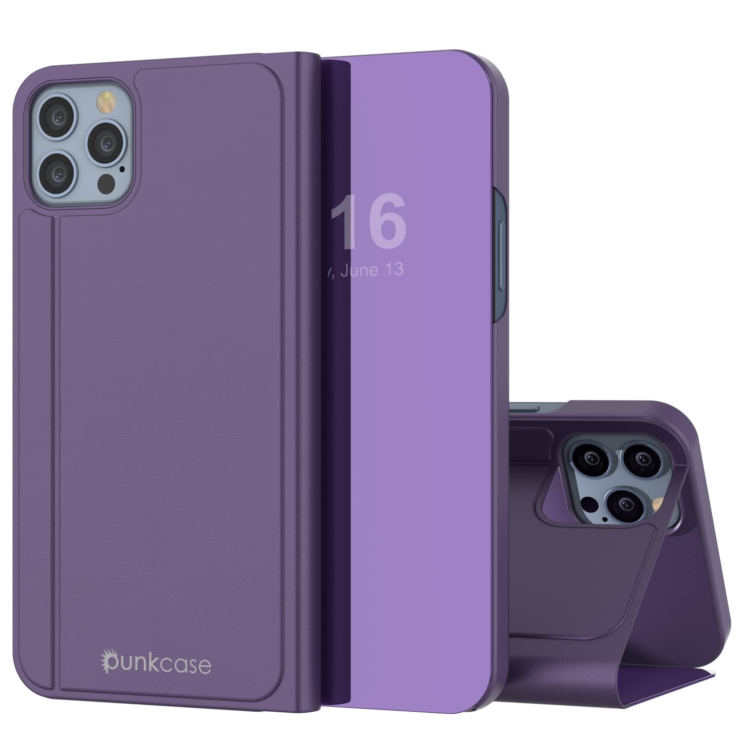Punkcase for iPhone 13 Pro Max Reflector Case Protective Flip Cover W/Scratch Resistant Semi-Translucent Mirror Front & Non-Slip PU Leather Back for iPhone 13 Pro Max (6.7") (2021) (Purple)
