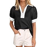 Tankaneo Womens Short Puff Sleeve Tops Summer Casual Color Block Blouses Lapel V Neck Loose Polo Shirts